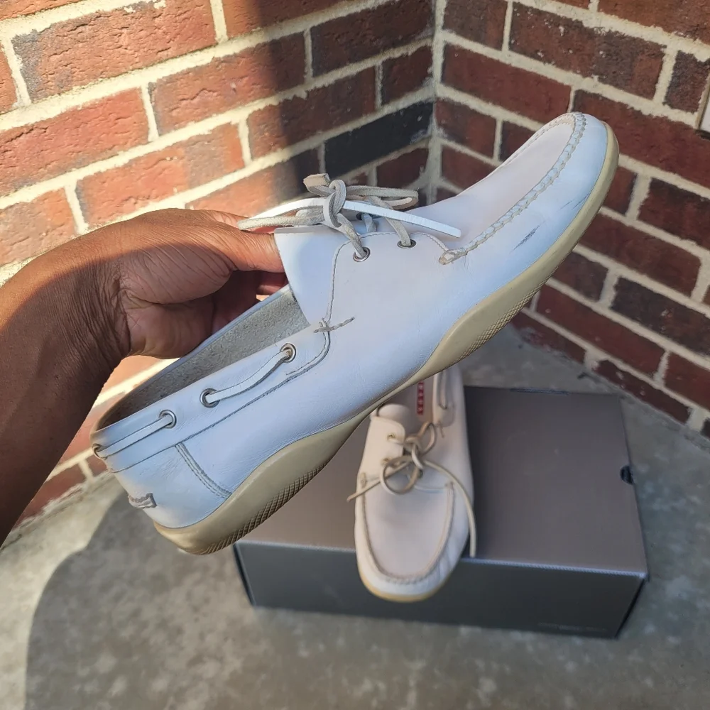 Prada White Leather Boat Shoes